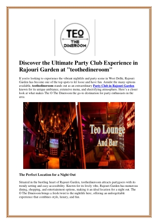 Discover the Ultimate Party Club Experience in Rajouri Garden at "teothedineroom