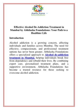 Effective Alcohol De-Addiction Treatment in Mumbai by Abhilasha Foundations Your Path to a Healthier Life