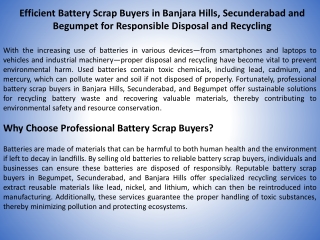 Efficient Battery Scrap Buyers in Banjara Hills, Secunderabad and Begumpet for Responsible Disposal and Recycling