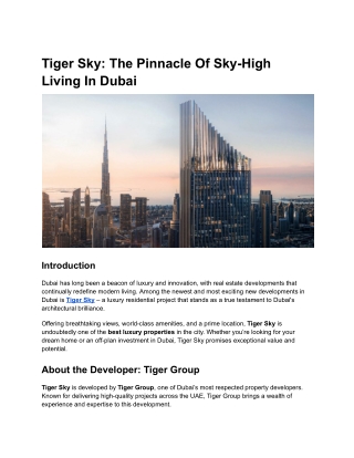 Tiger Sky: The Pinnacle Of Sky-High Living In Dubai