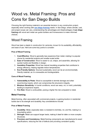 wood vs metal framing pros and cons for san diego