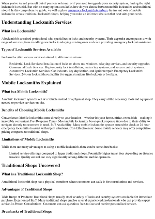 Mobile Locksmiths vs. Traditional Shops: Which is Right for You?