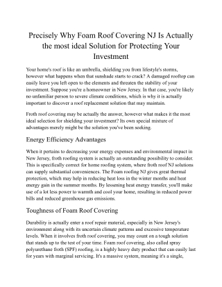 Precisely Why Foam Roof Covering NJ Is Actually the most ideal Solution for Prot