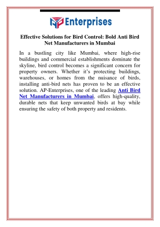 Effective Solutions for Bird Control Bold Anti Bird Net Manufacturers in Mumbai