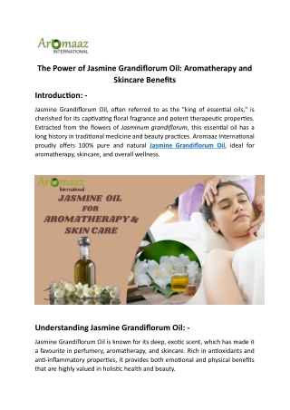 The Power of Jasmine Grandiflorum Oil: Aromatherapy and Skincare Benefits