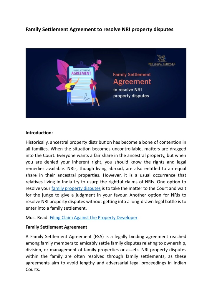 family settlement agreement to resolve