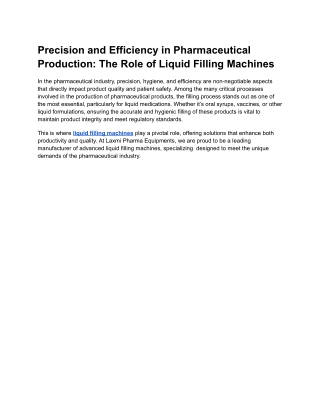 The Essential Role of Liquid Filling Machines in Precision Pharmaceutical