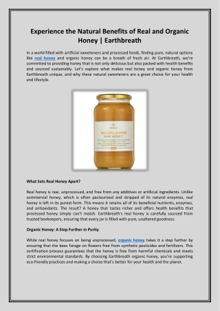 Experience the Natural Benefits of Real and Organic Honey Earthbreath