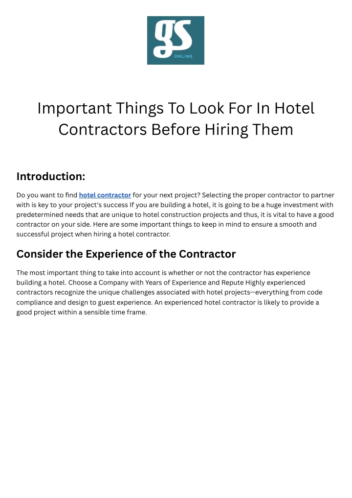 important things to look for in hotel contractors