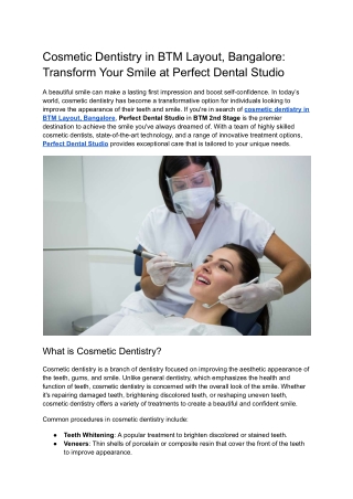 Cosmetic Dentistry in BTM Layout, Bangalore_ Transform Your Smile at Perfect Dental Studio