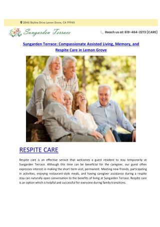 Sungarden Terrace Compassionate Assisted Living, Memory, and Respite Care in Lemon Grove