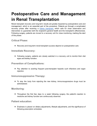 Postoperative Care and Management in Renal Transplantation
