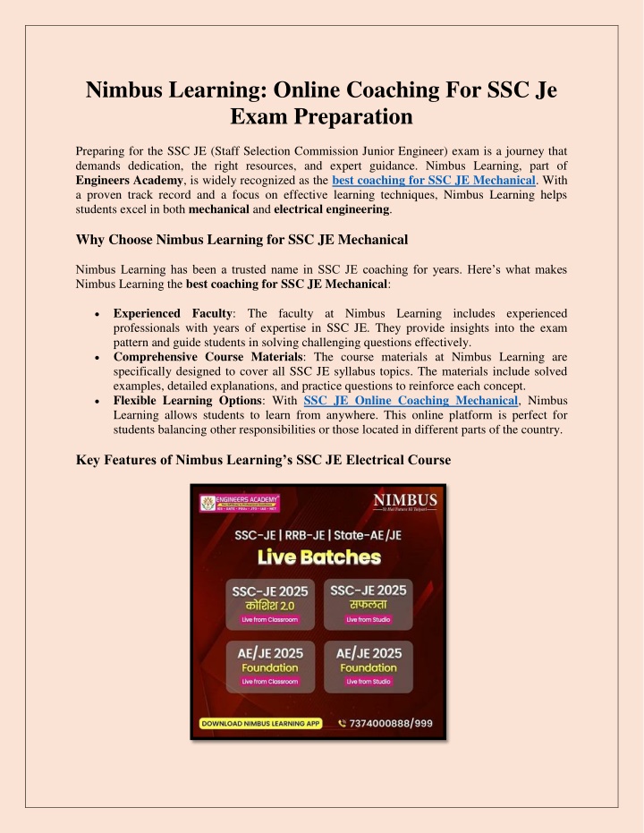 nimbus learning online coaching for ssc je exam