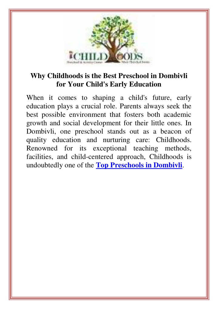 why childhoods is the best preschool in dombivli