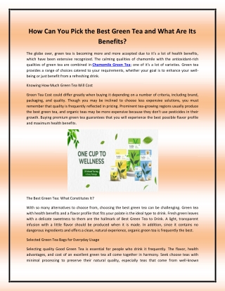 How Can You Pick the Best Green Tea and What Are Its Benefits
