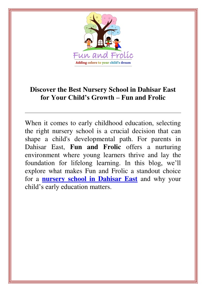 discover the best nursery school in dahisar east