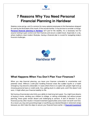 7 Reasons Why You Need Personal Financial Planning in Haridwar