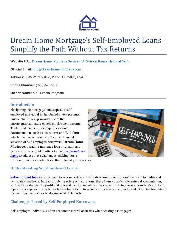 dream home mortgage s self employed loans