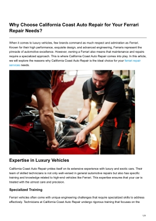 Why Choose California Coast Auto Repair for Your Ferrari Repair Needs