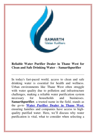 Reliable Water Purifier Dealer in Thane West for Clean and Safe Drinking Water  Samarthpurifier