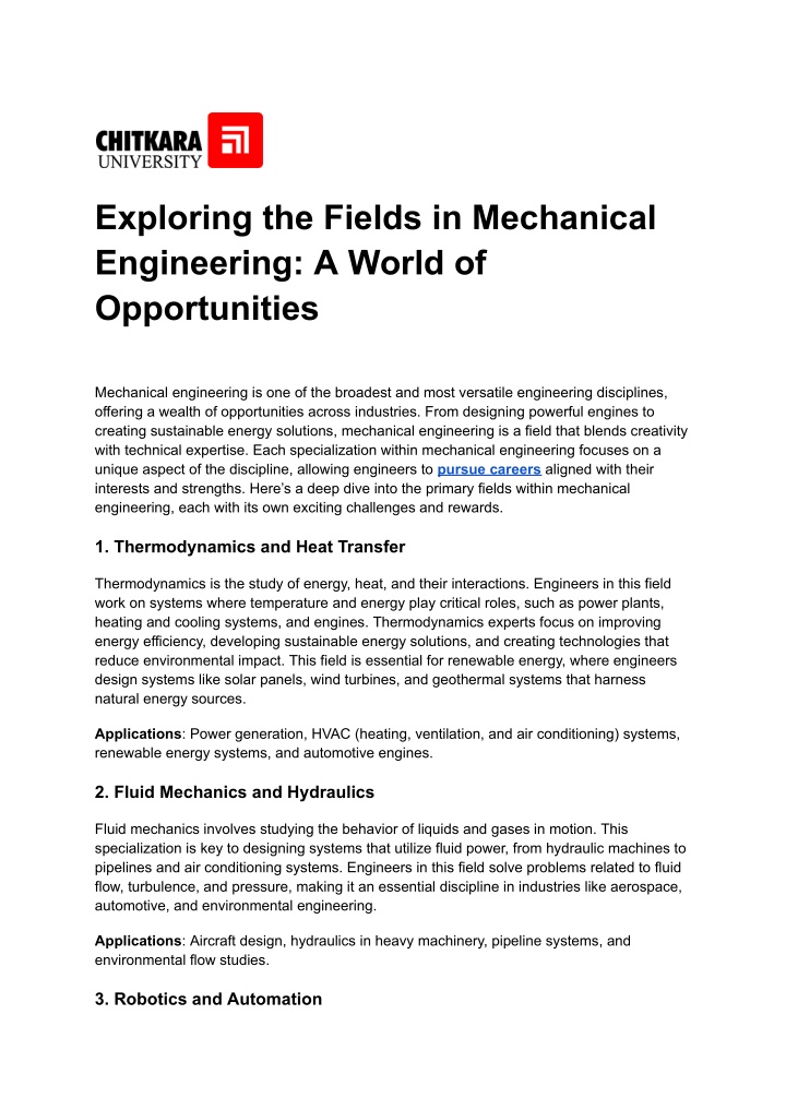 exploring the fields in mechanical engineering