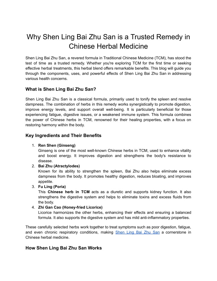 why shen ling bai zhu san is a trusted remedy