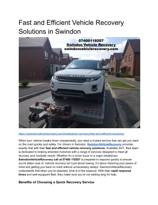 Fast and Efficient Vehicle Recovery Solutions in Swindon