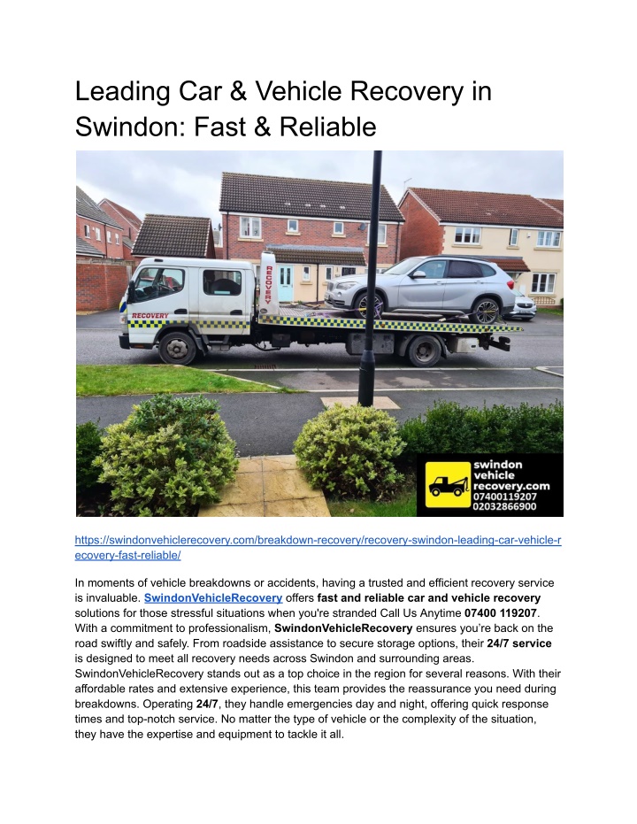 leading car vehicle recovery in swindon fast