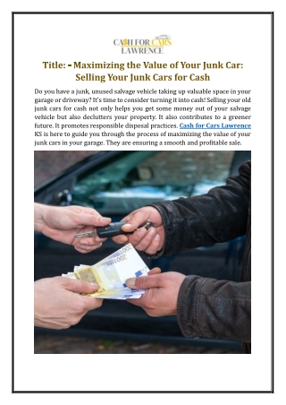 Maximizing the Value of Your Junk Car: Selling Your Junk Cars for Cash