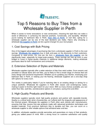 Top 5 Reasons to Buy Tiles from a Wholesale Supplier in Perth
