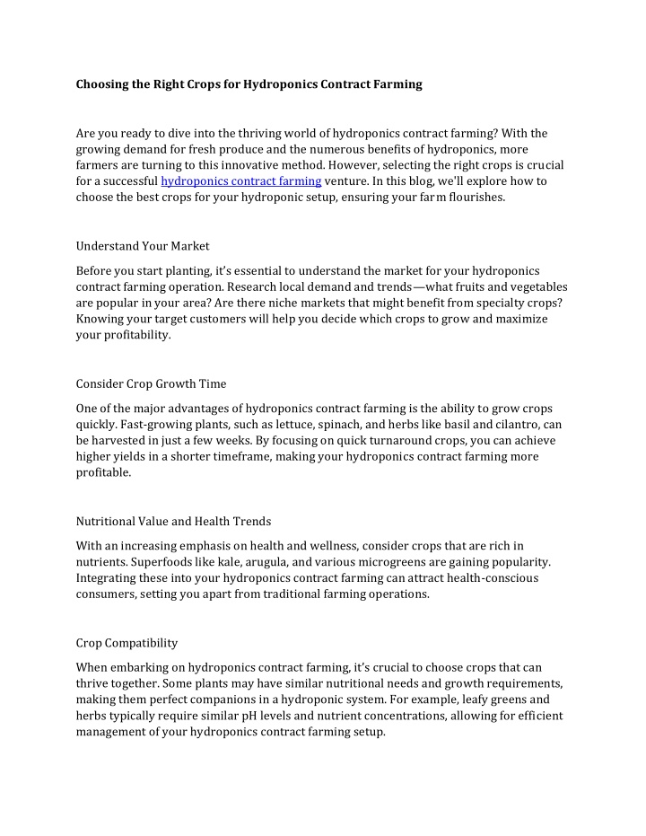 choosing the right crops for hydroponics contract