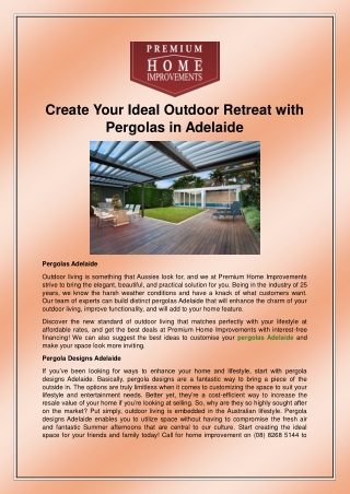 Create Your Ideal Outdoor Retreat with Pergolas in Adelaide