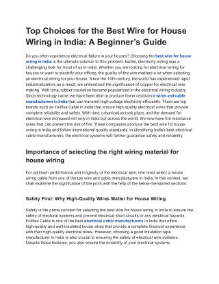 Choose the Best Wire for House Wiring in India | Foliflex