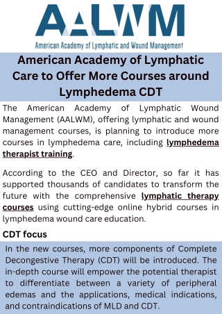 American Academy of Lymphatic Care to Offer More Courses around Lymphedema CDT