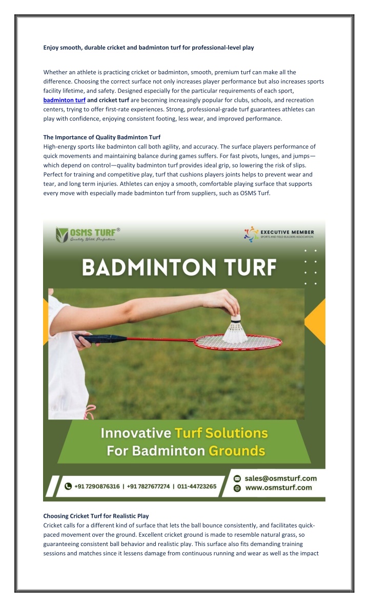 enjoy smooth durable cricket and badminton turf