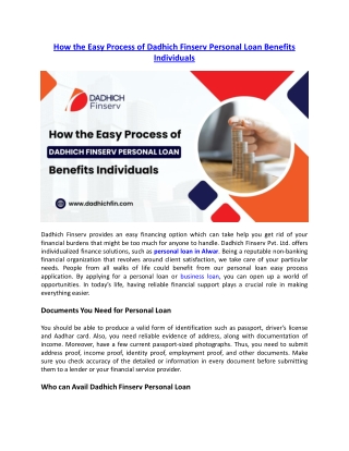 How the Easy Process of Dadhich Finserv Personal Loan Benefits Individuals