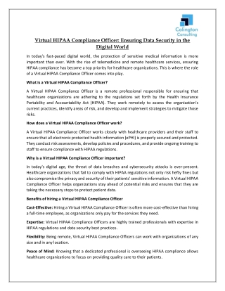 Virtual HIPAA Compliance Officer- Ensuring Data Security in the Digital World