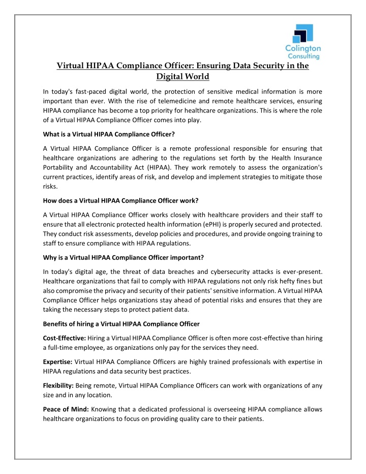 virtual hipaa compliance officer ensuring data