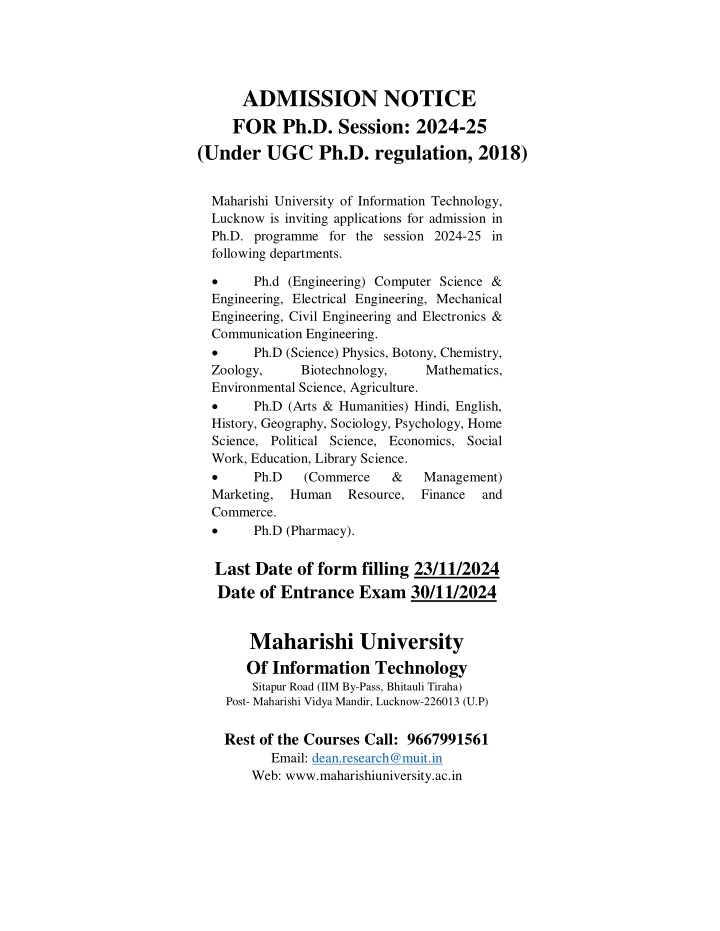 admission notice for ph d session 2024 25 under