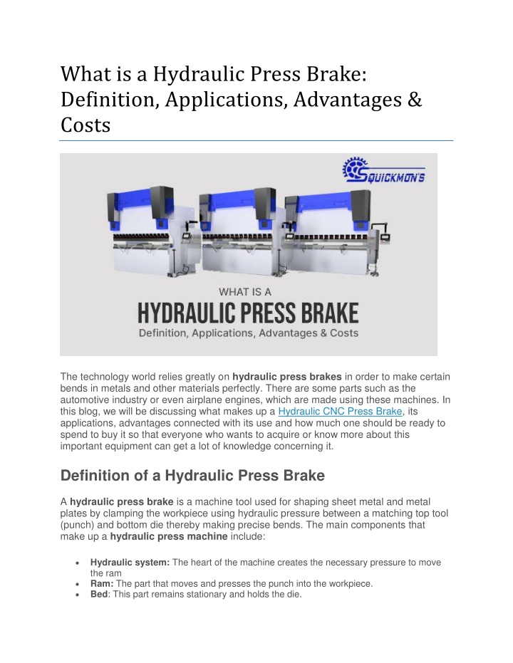 what is a hydraulic press brake definition