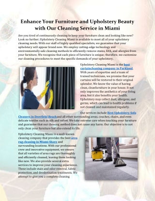 Enhance Your Furniture and Upholstery Beauty with Our Cleaning Service in Miami