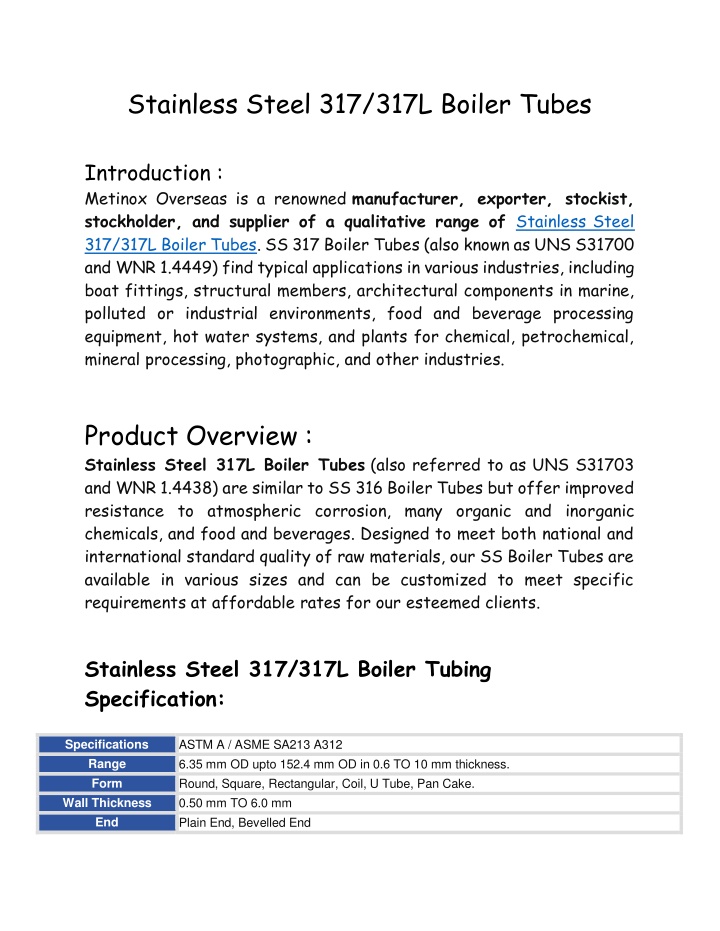 stainless steel 317 317l boiler tubes