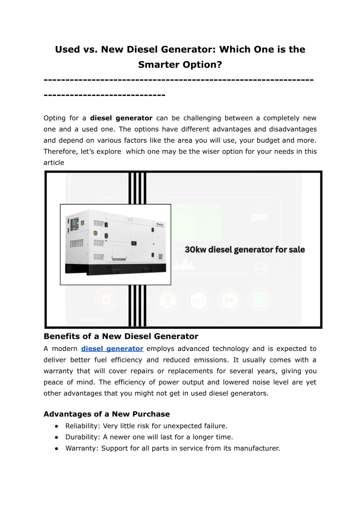 used vs new diesel generator which