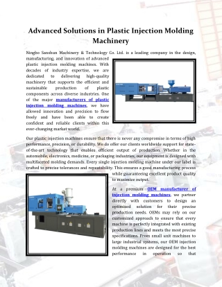 Advanced Solutions in Plastic Injection Molding Machinery