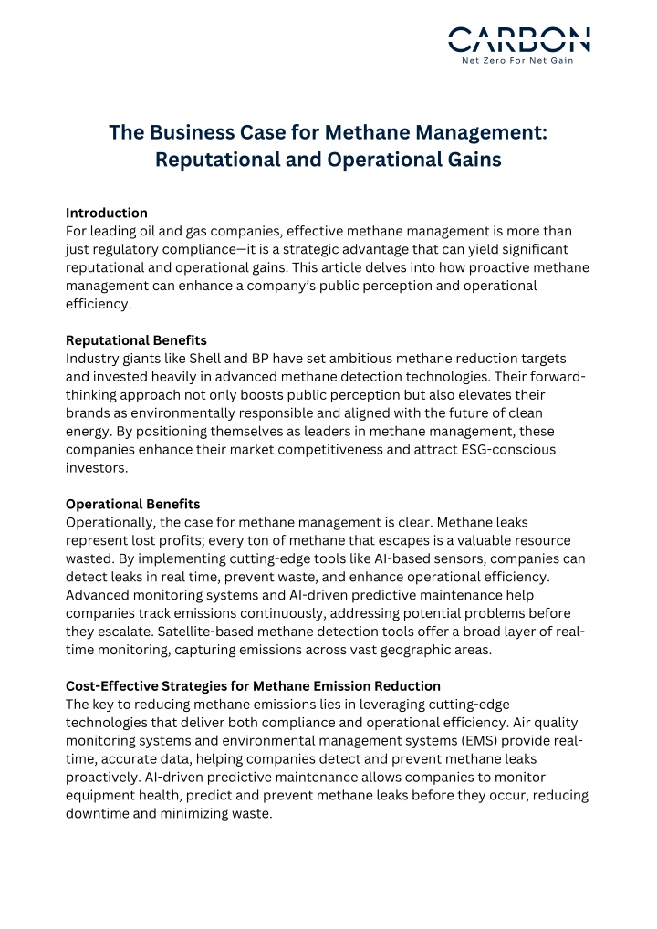 the business case for methane management