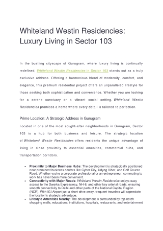 whiteland westin residencies luxury living