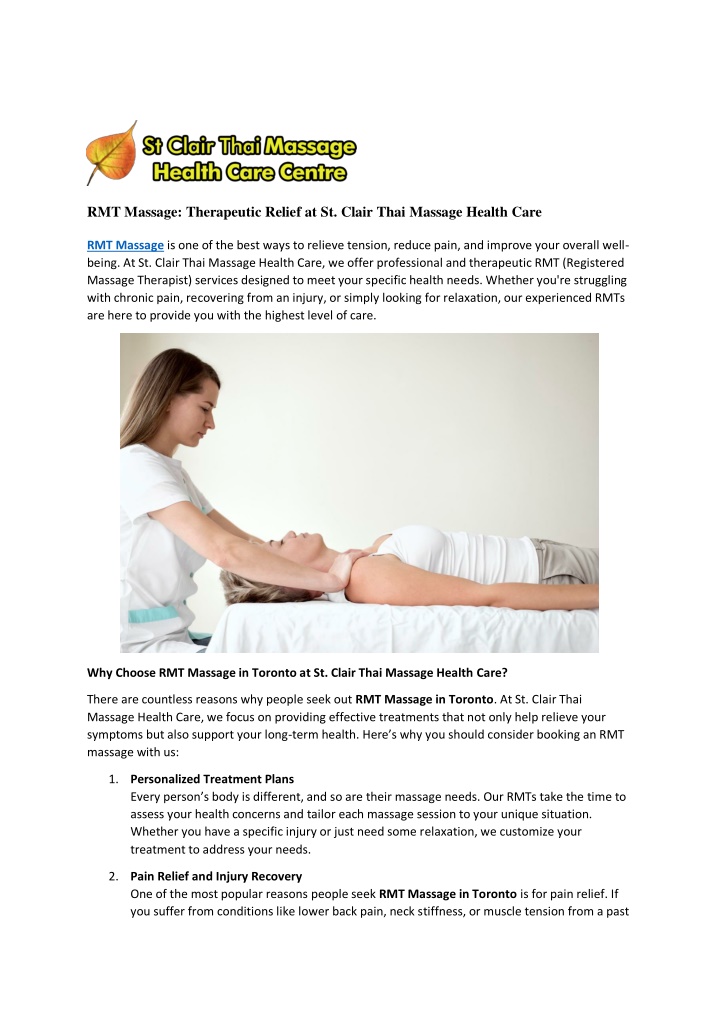 rmt massage therapeutic relief at st clair thai