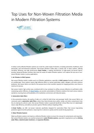 Top Uses for Non-Woven Filtration Media in Modern Filtration Systems