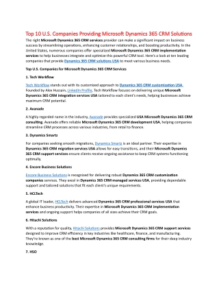 Top 10 U.S. Companies Providing Microsoft Dynamics 365 CRM Solutions