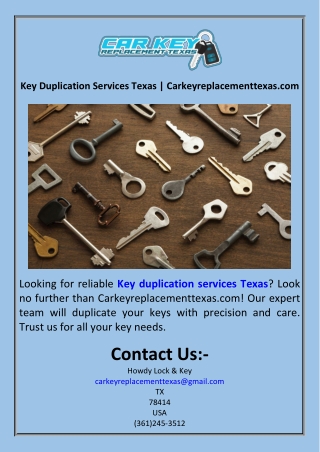 Key Duplication Services Texas  Carkeyreplacementtexas.com